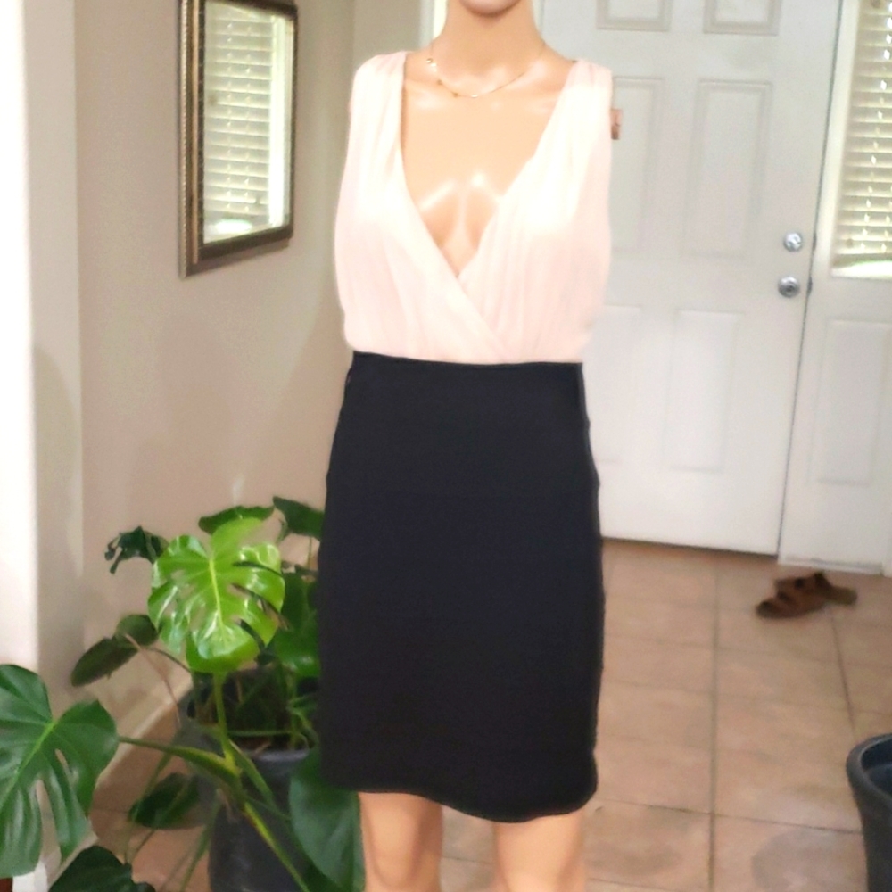 Red Clover L chiffon deep vneck crisscross back ribbed skirt Goldilocks length